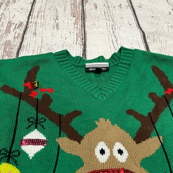 Women's Rudolph Red Nose Reindeer Green Christmas Sweater Ugly - Picture 7 of 7
